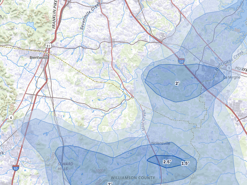 NEXRAD radar-signature map of the hail storm over Brentwood, TN on Jul 3, 2026