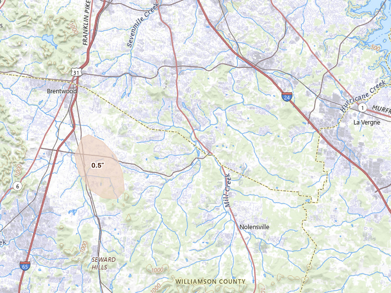 Radar-estimated hail-size map of the storm over Brentwood, TN on Jul 19, 2026