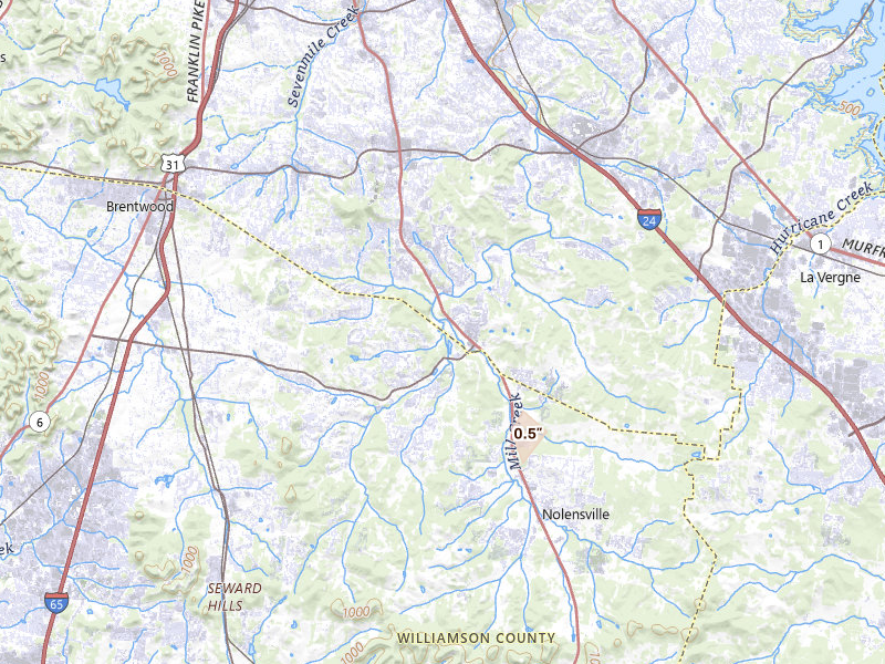 Radar-estimated hail-size map of the storm over Brentwood, TN on Aug 5, 2026