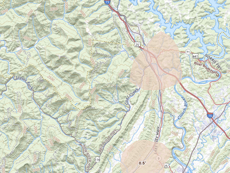Radar-estimated hail-size map of the storm over Briceville, TN on Jul 3, 2026