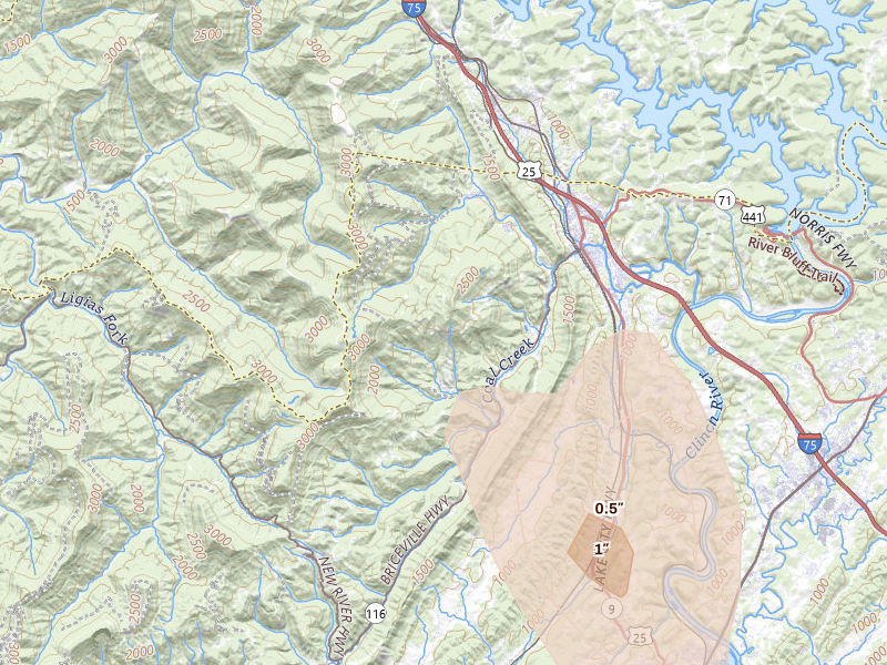 Radar-estimated hail-size map of the storm over Briceville, TN