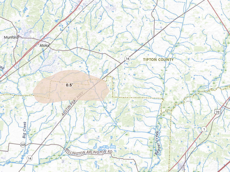 Radar-estimated hail-size map of the storm over Brighton, TN on Jul 8, 2026