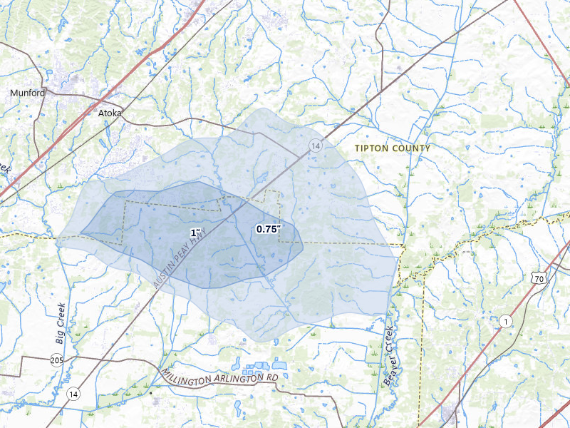 NEXRAD radar-signature map of the hail over Brighton, TN