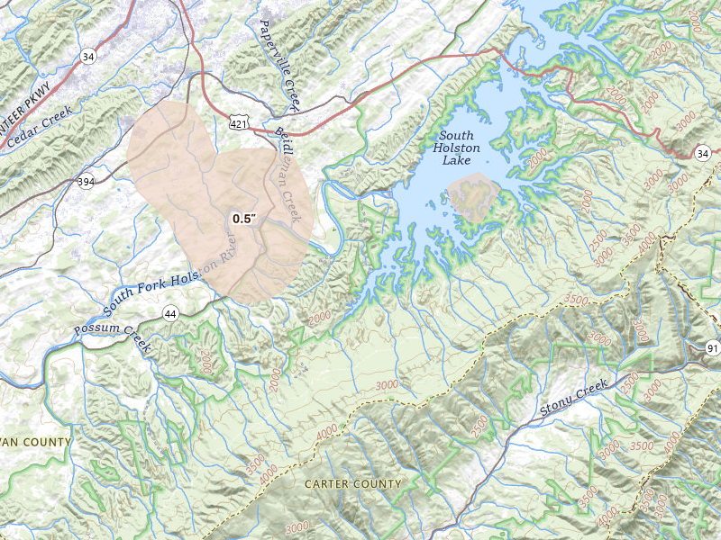 Radar-estimated hail-size map of the storm over Bristol, TN on Jul 4, 2026