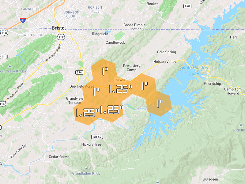 Hail map of Bristol, TN on Jul 5, 2026, hail up to 1.25"