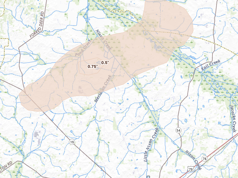 Radar-estimated hail-size map of the storm over Brownsville, TN on Apr 27, 2026