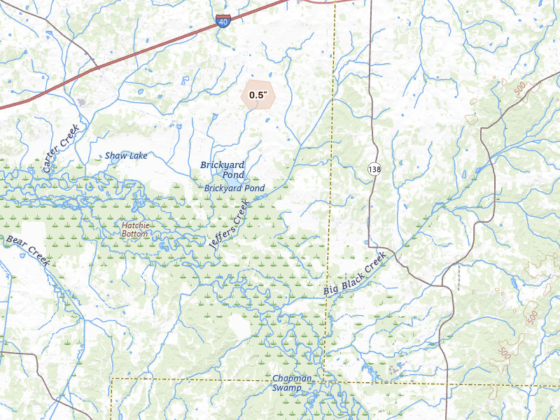Radar-estimated hail-size map of the storm over Brownsville, TN on Jul 1, 2026