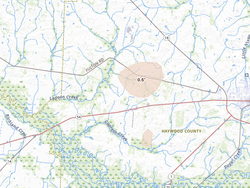Radar-estimated hail-size map of the storm over Brownsville, TN on Aug 9, 2026