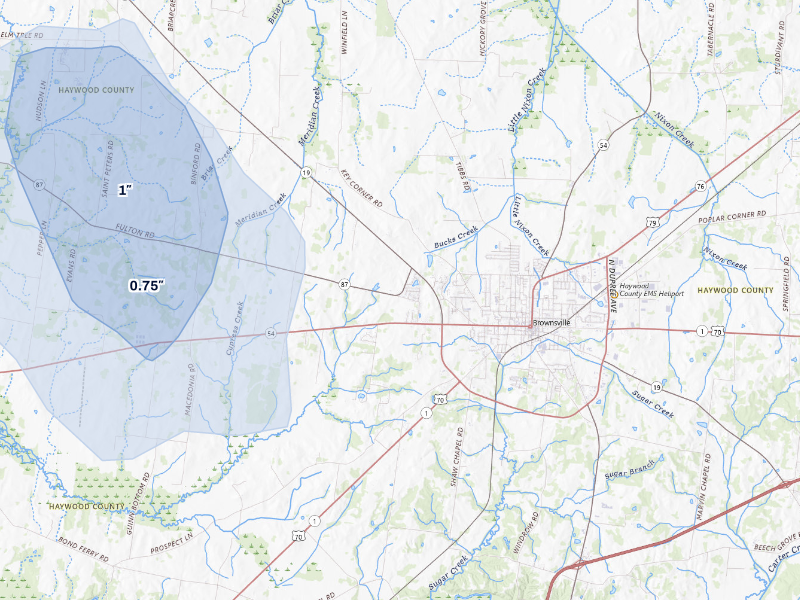 NEXRAD radar-signature map of the hail storm over Brownsville, TN on Aug 9, 2026