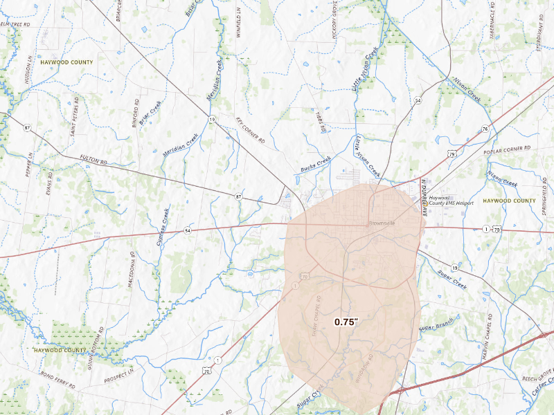 Radar-estimated hail-size map of the storm over Brownsville, TN
