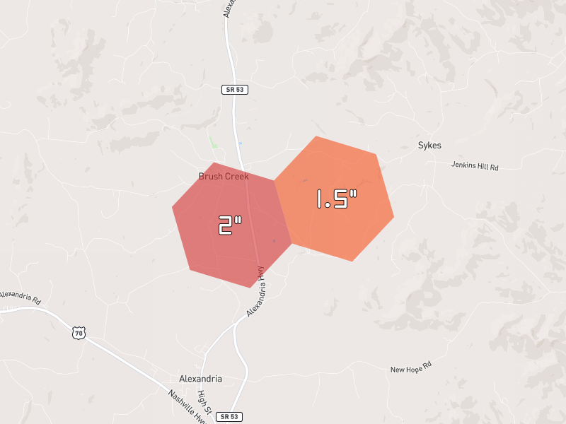 Hail map of Brush Creek, TN on Jul 3, 2026, hail up to 2"