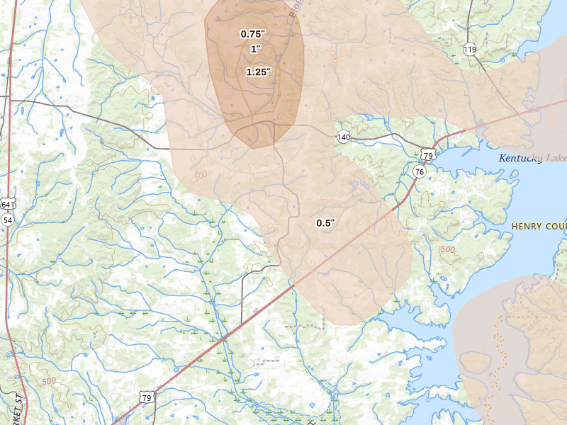 Radar-estimated hail-size map of the storm over Buchanan, TN on Jul 2, 2026