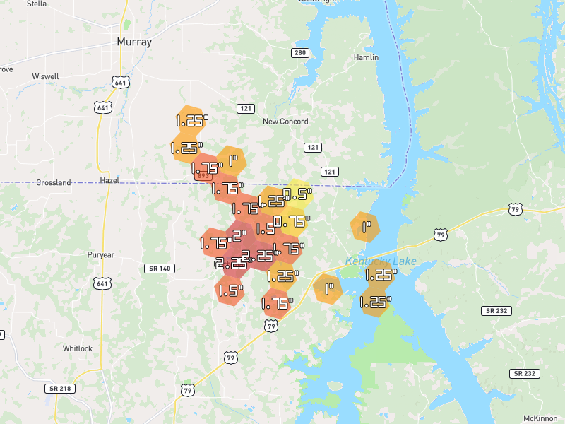 Hail map of Buchanan, TN on Jul 2, 2026, hail up to 2.25"