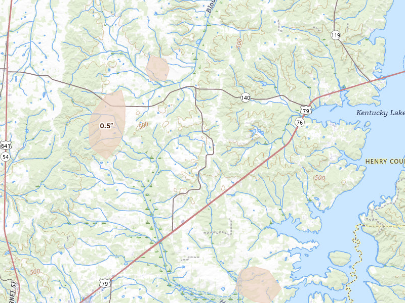 Radar-estimated hail-size map of the storm over Buchanan, TN on Aug 8, 2026
