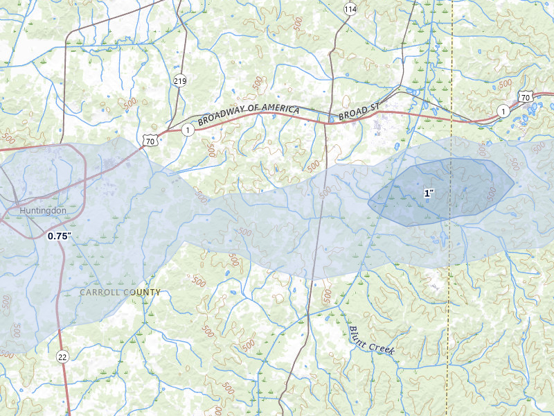 NEXRAD radar-signature map of the hail over Buena Vista, TN