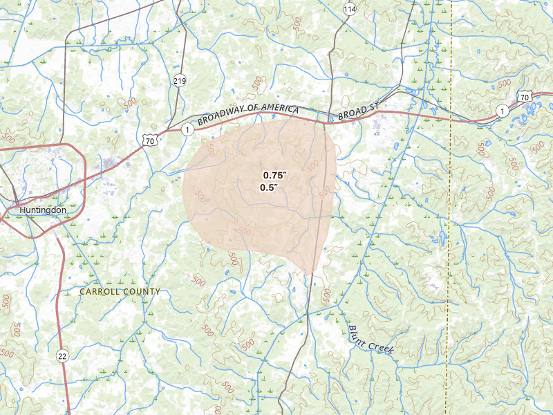 Radar-estimated hail-size map of the storm over Buena Vista, TN on Jul 2, 2026
