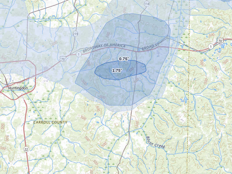 NEXRAD radar-signature map of the hail over Buena Vista, TN