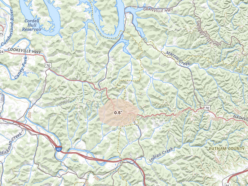 Radar-estimated hail-size map of the storm over Buffalo Valley, TN on Jul 11, 2026