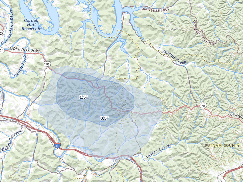 NEXRAD radar-signature map of the hail storm over Buffalo Valley, TN on Jul 11, 2026