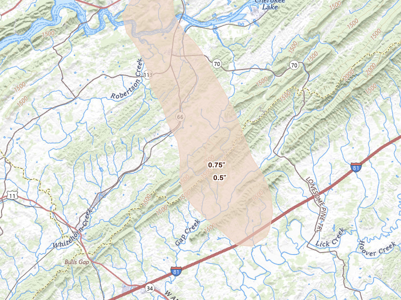 Radar-estimated hail-size map of the storm over Bulls Gap, TN on Sep 5, 2026