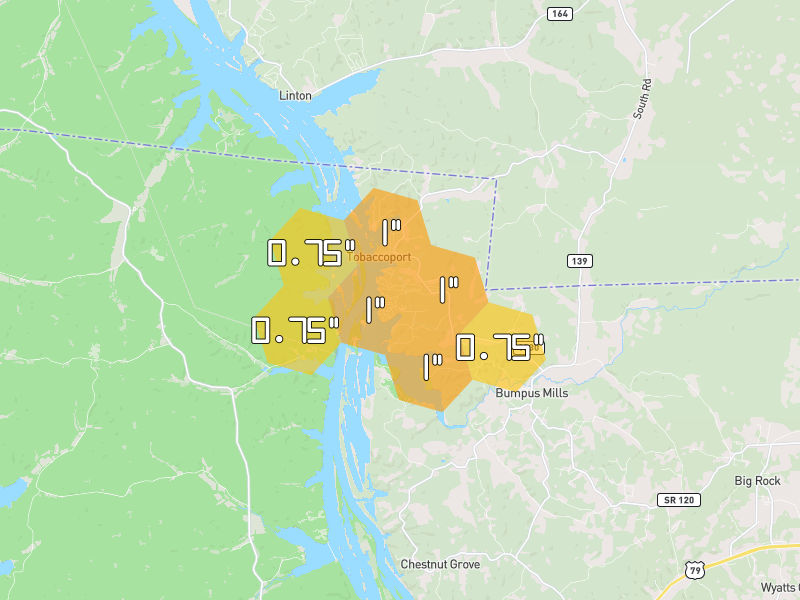 Hail map of Bumpus Mills, TN on Jul 22, 2026, hail up to 1"