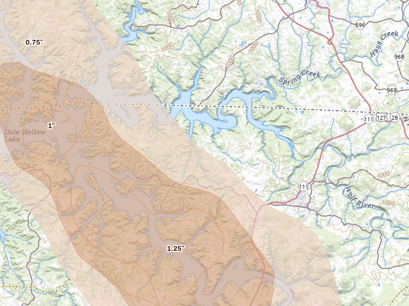 Radar-estimated hail-size map of the storm over Byrdstown, TN on Aug 22, 2026
