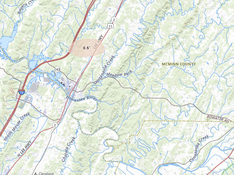 Radar-estimated hail-size map of the storm over Calhoun, TN on Aug 17, 2026