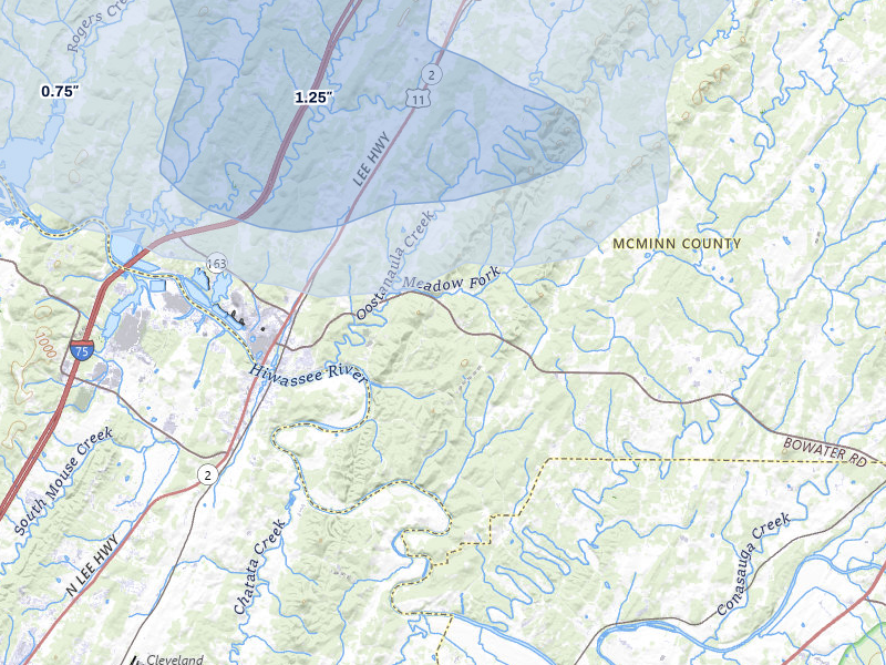 NEXRAD radar-signature map of the hail storm over Calhoun, TN on Aug 17, 2026