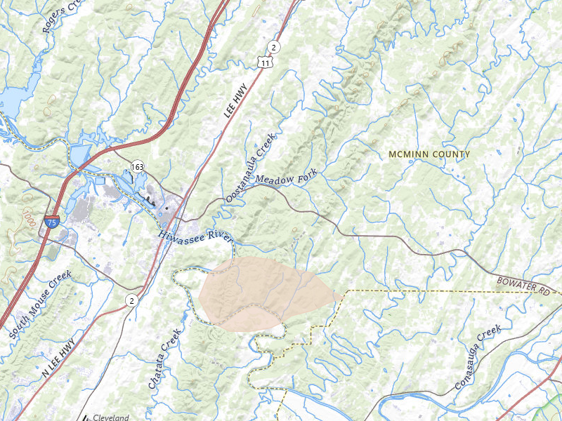 Radar-estimated hail-size map of the storm over Calhoun, TN on Aug 20, 2026
