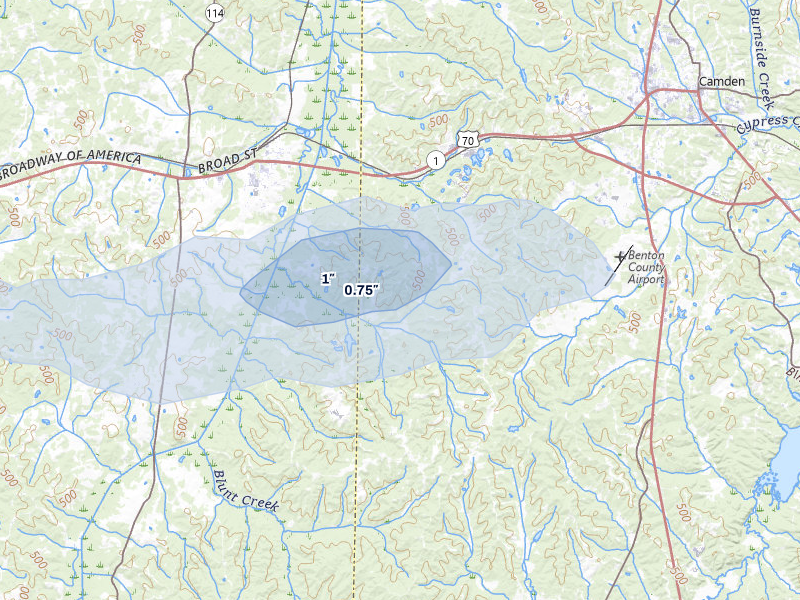 NEXRAD radar-signature map of the hail over Camden, TN