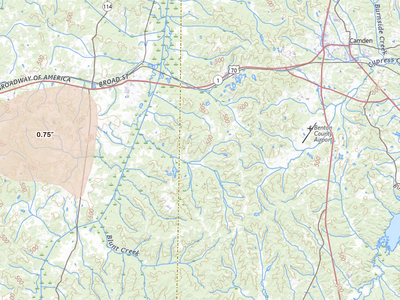 Radar-estimated hail-size map of the storm over Camden, TN on Jul 2, 2026