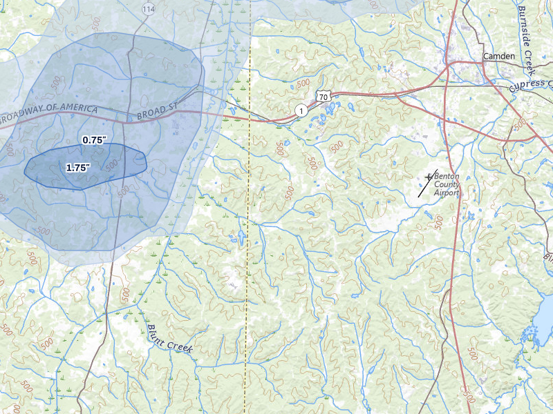 NEXRAD radar-signature map of the hail over Camden, TN