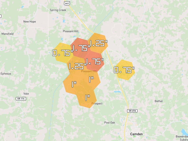 Hail map of Camden, TN on Jul 2, 2026, hail up to 1.75"