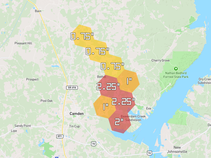Hail map of Camden, TN on Jul 3, 2026, hail up to 2.25"