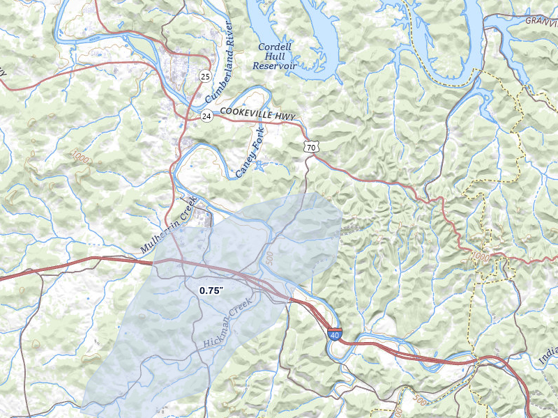 NEXRAD radar-signature map of the hail over Carthage, TN