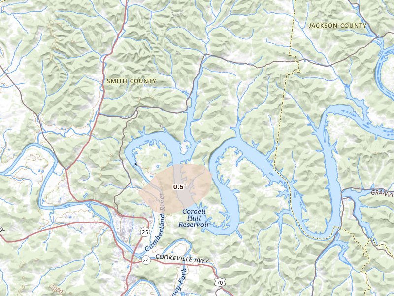 Radar-estimated hail-size map of the storm over Carthage, TN on Aug 7, 2026