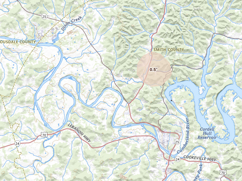Radar-estimated hail-size map of the storm over Carthage, TN on Aug 8, 2026