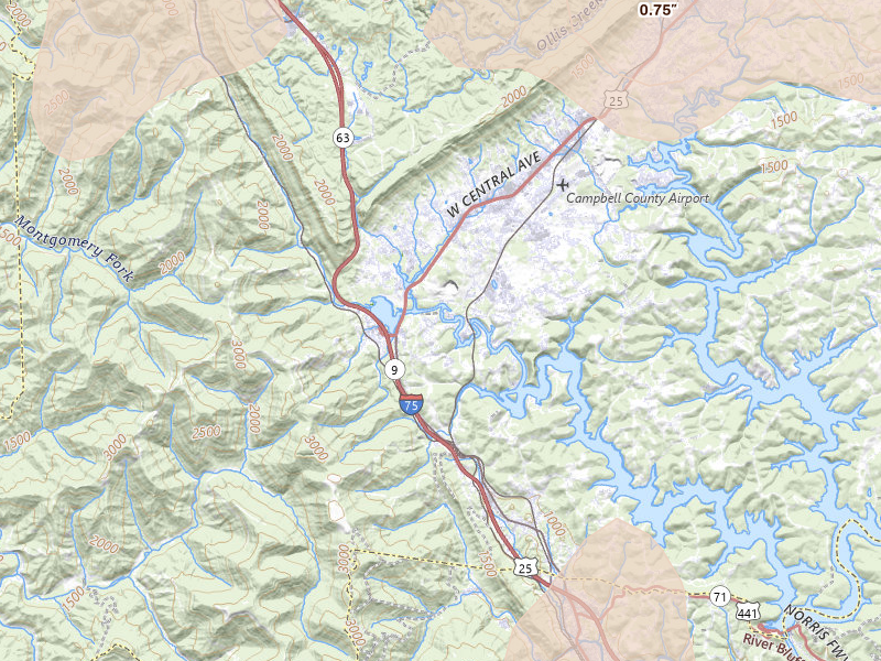 Radar-estimated hail-size map of the storm over Caryville, TN on Jul 3, 2026