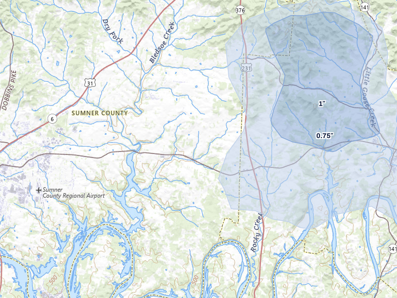 NEXRAD radar-signature map of the hail storm over Castalian Springs, TN on Jul 3, 2026