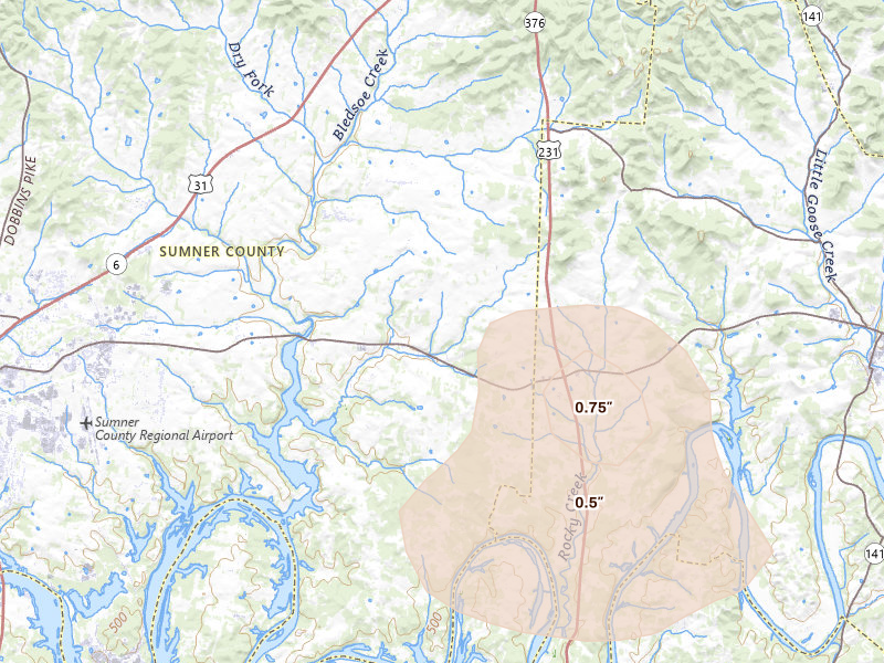 Radar-estimated hail-size map of the storm over Castalian Springs, TN on Jul 11, 2026
