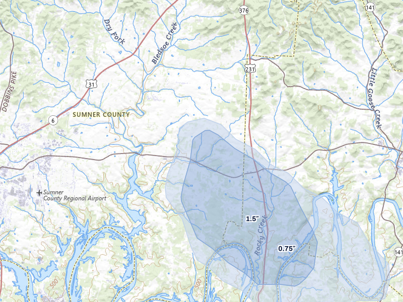 NEXRAD radar-signature map of the hail storm over Castalian Springs, TN on Jul 11, 2026