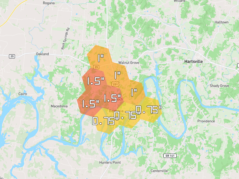 Hail map of Castalian Springs, TN on Jul 11, 2026, hail up to 1.5"