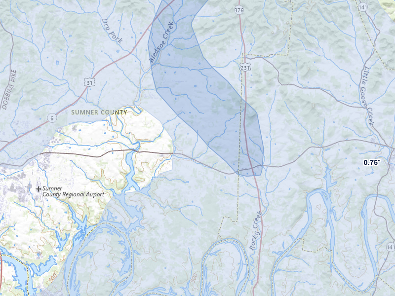 NEXRAD radar-signature map of the hail over Castalian Springs, TN