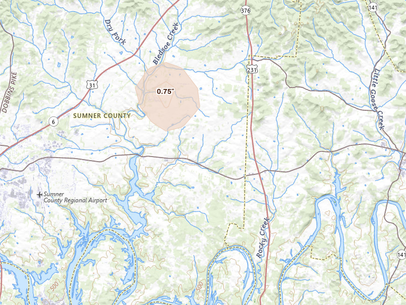 Radar-estimated hail-size map of the storm over Castalian Springs, TN on Aug 6, 2026