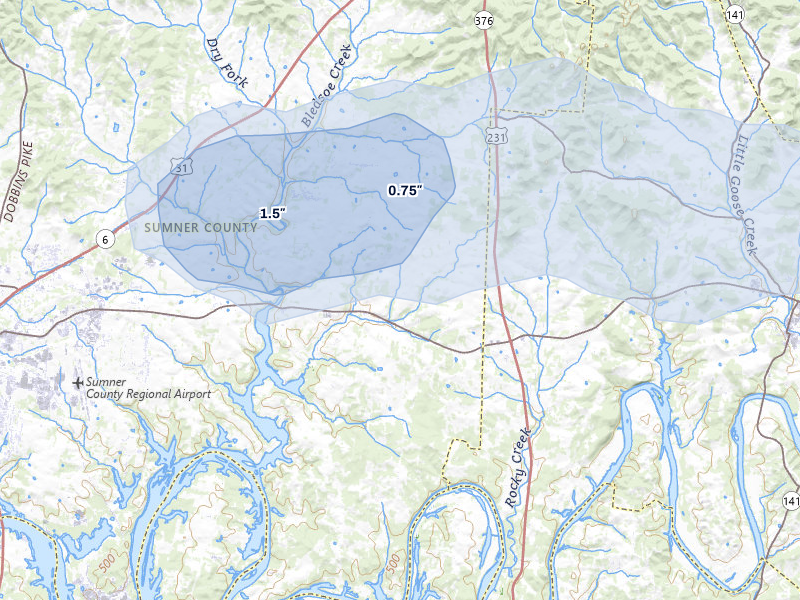 NEXRAD radar-signature map of the hail storm over Castalian Springs, TN on Aug 6, 2026