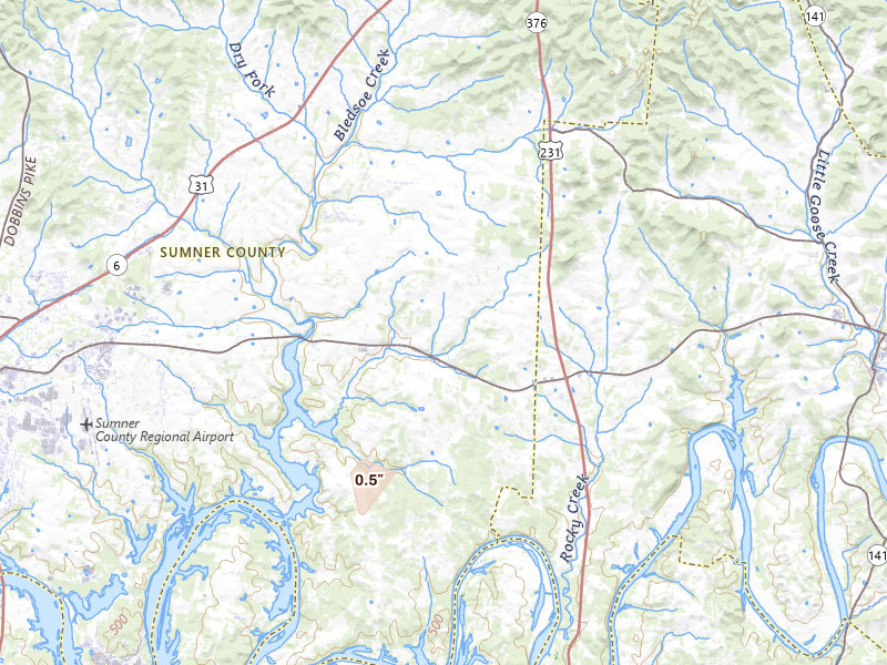 Radar-estimated hail-size map of the storm over Castalian Springs, TN on Aug 8, 2026