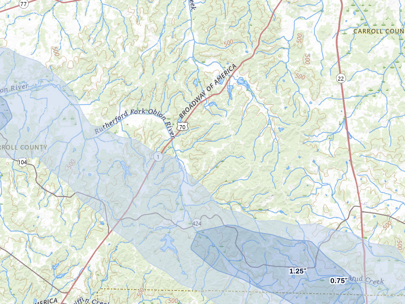 NEXRAD radar-signature map of the hail storm over Cedar Grove, TN on Jul 11, 2026