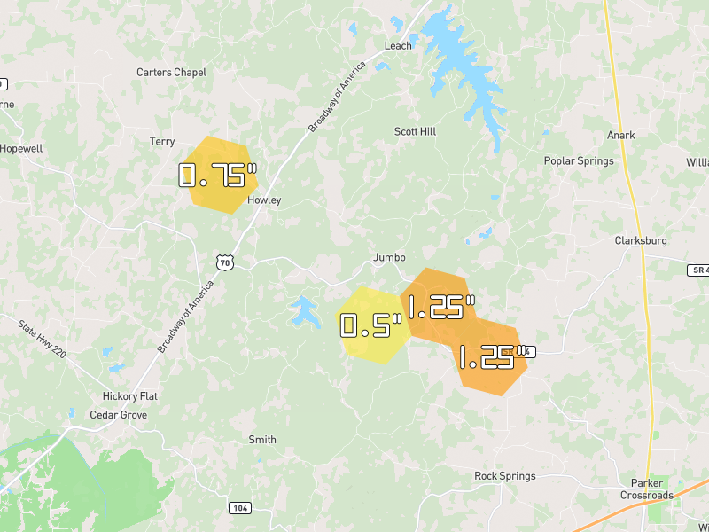 Hail map of Cedar Grove, TN on Jul 11, 2026, hail up to 1.25"