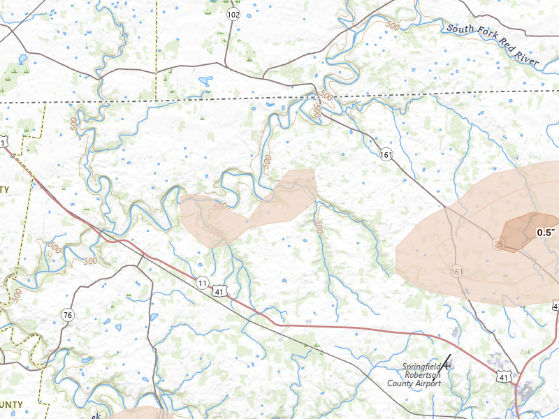 Radar-estimated hail-size map of the storm over Cedar Hill, TN on Jun 9, 2026