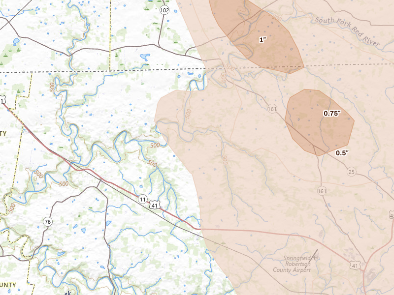Radar-estimated hail-size map of the storm over Cedar Hill, TN on Jul 21, 2026